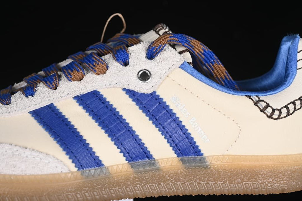 Close-up of blue side stripes, multicolored laces and Wales Bonner branding.