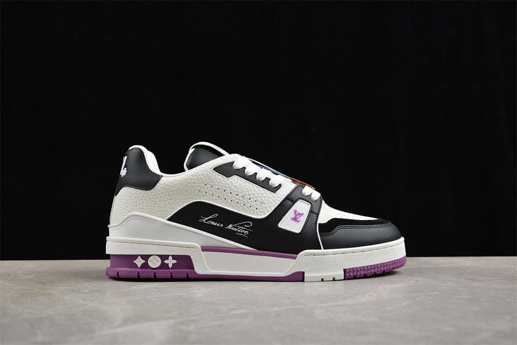 Side view highlighting the sneaker's contrasting panels and purple outsole