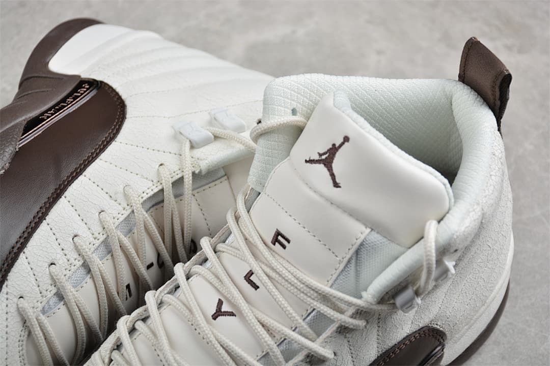 Close-up of the tongue, Jumpman emblem, laces, and upper of the Air Jordan 12