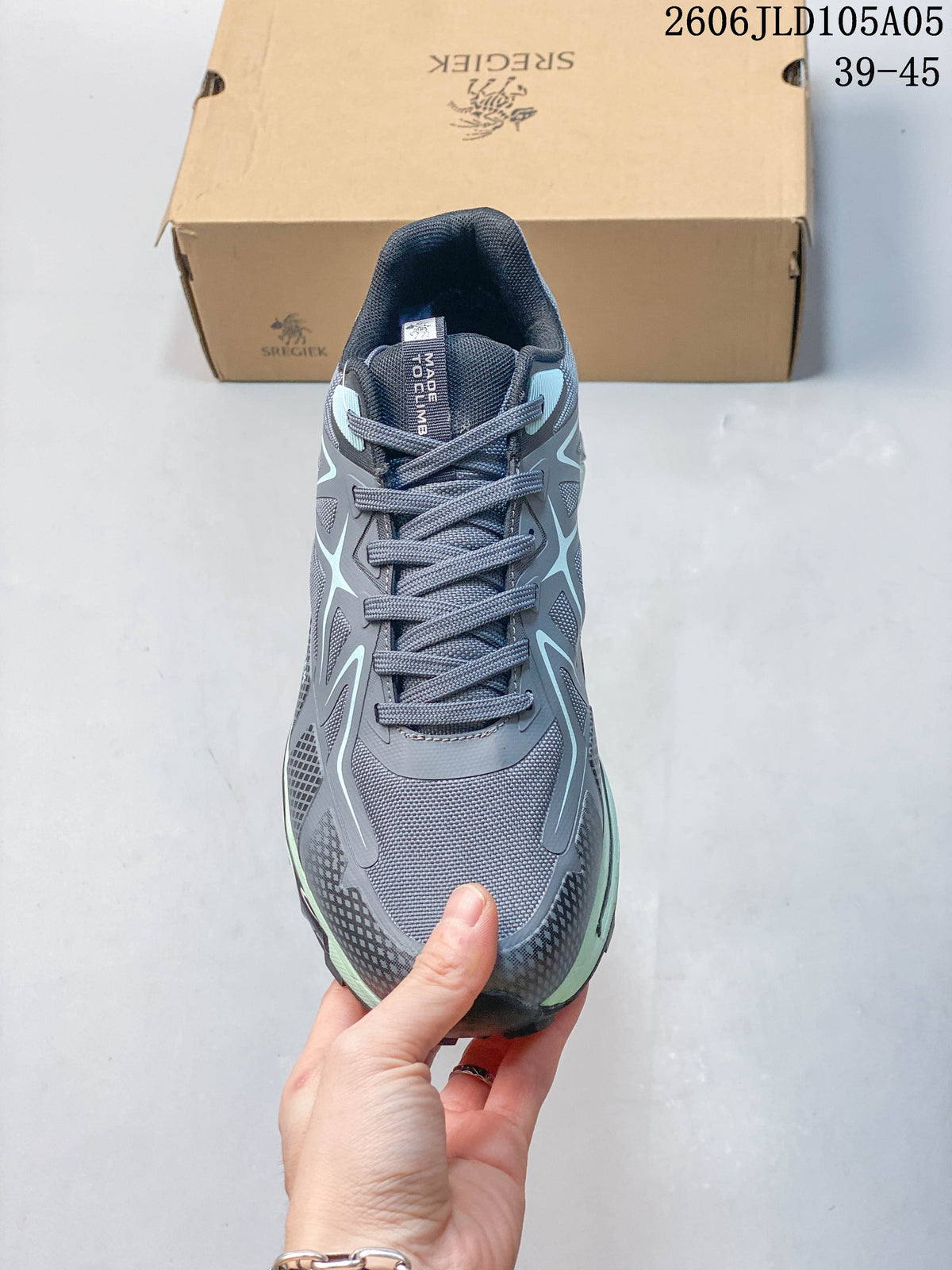 Top view of the lace-up shoe with mesh panels and protective toe detail