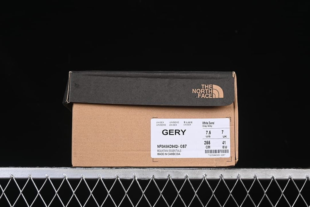 Shoe box label showing Gery, grey, and sample size details