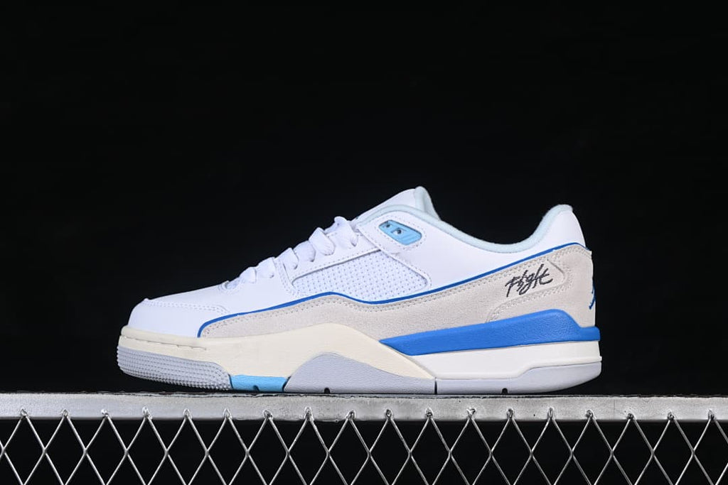 Side profile of a white and blue Jordan Flight Court SP sneaker