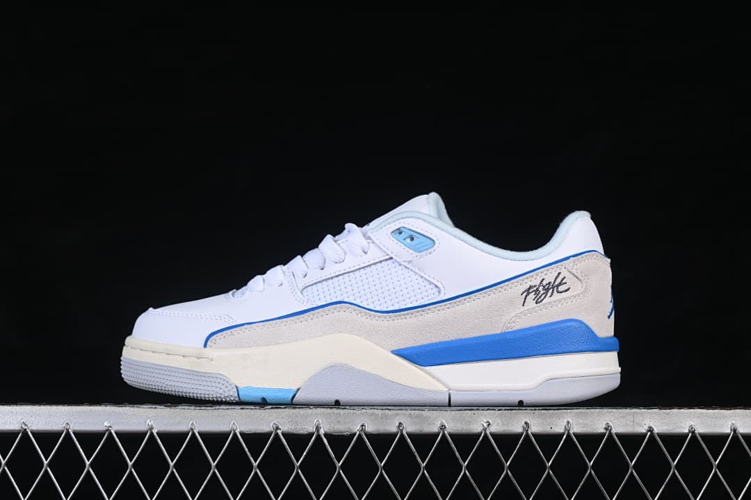 Side profile of a white and blue Jordan Flight Court SP sneaker