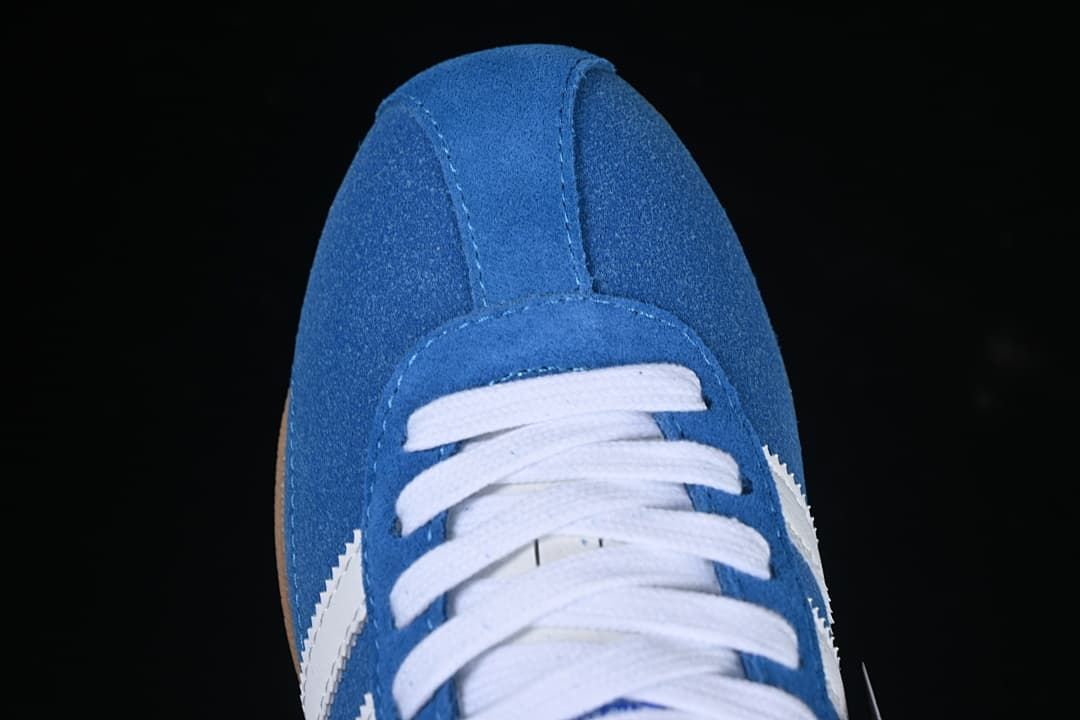 Top-down view of the blue toe and white laces
