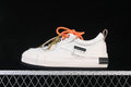 Side view of a white textured low-top platform sneaker with orange and patterned laces.