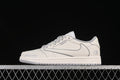 Side view of a light neutral low-top sneaker with gray accents and a prominent side Swoosh.