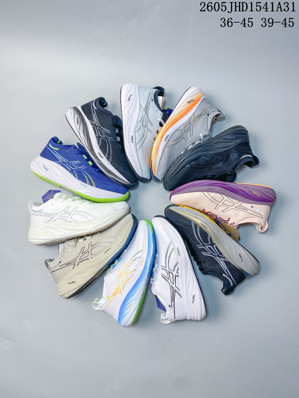 Several ASICS GEL-NIMBUS 26 shoes arranged in a circle, showing assorted colorways; image overlay lists size ranges 36–45 and 39–45.