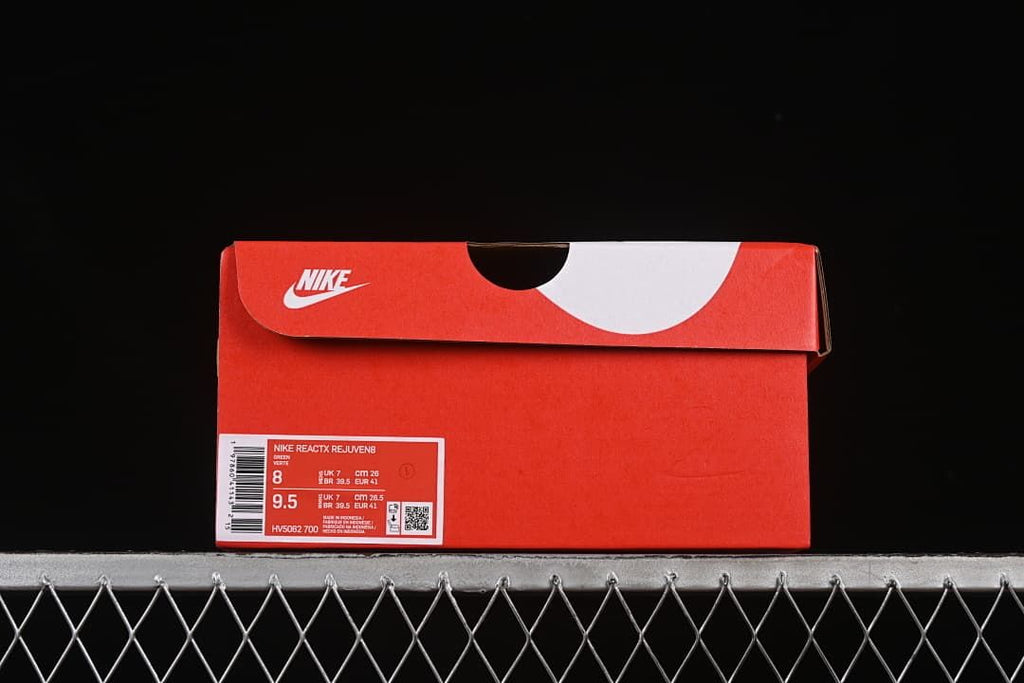 Nike shoe box label showing ReactX Rejuven8, style code and sample sizing
