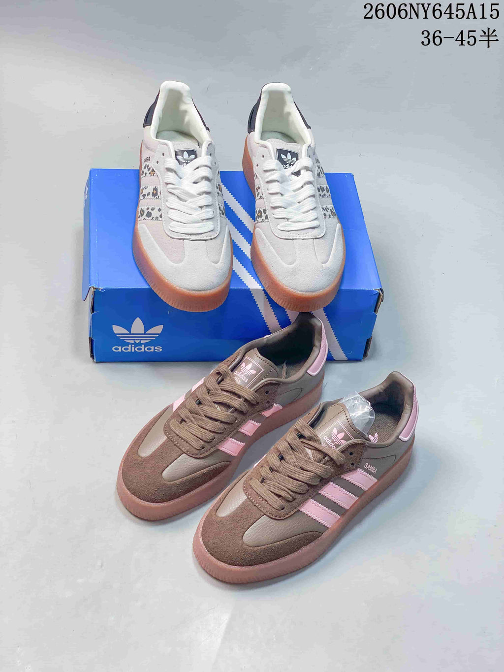 Off-white and brown-and-pink Adidas Sambae sneaker pairs shown together.