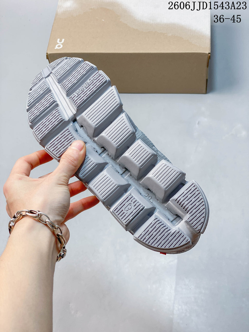 Close-up of the segmented outsole on a grey sneaker.