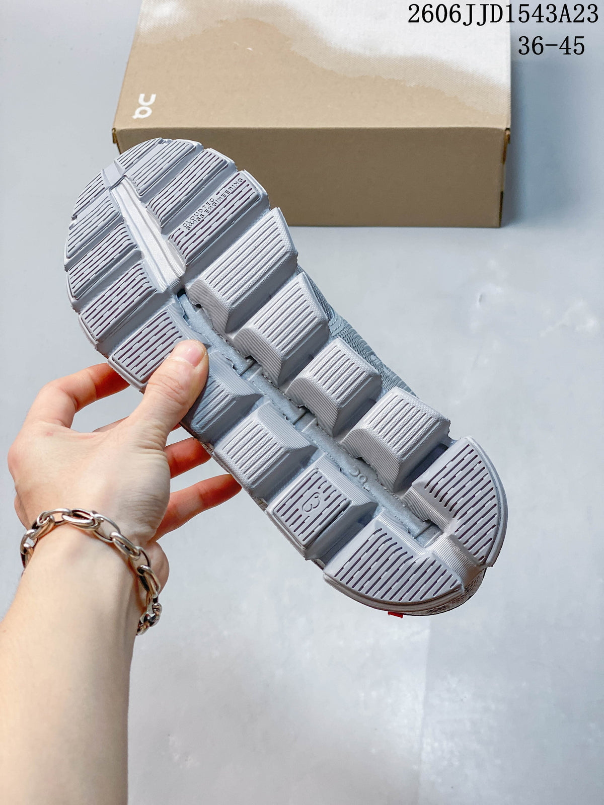 Close-up of the segmented outsole on a grey sneaker.