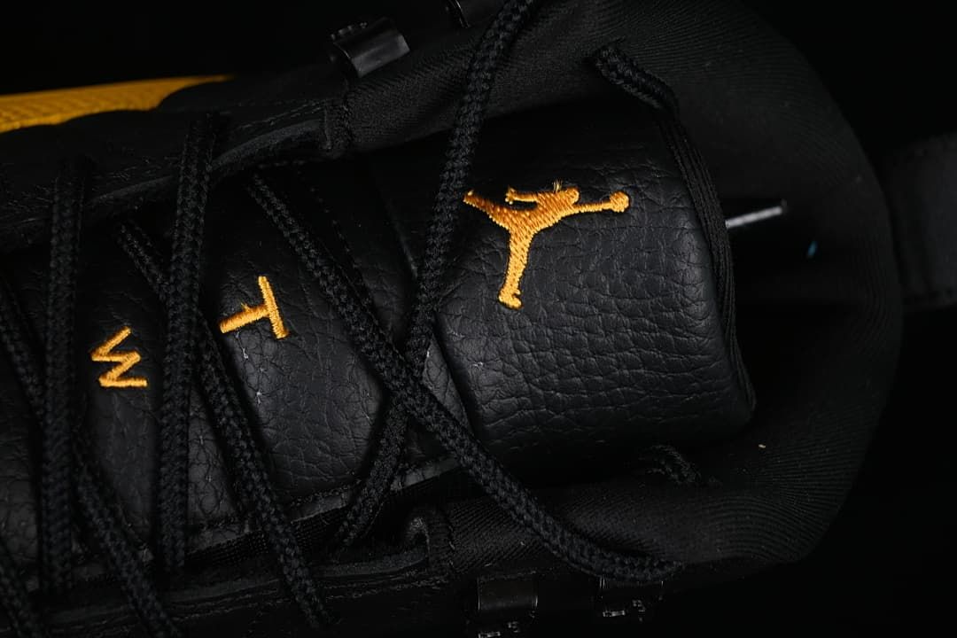 Close-up of the tongue logo and black laces