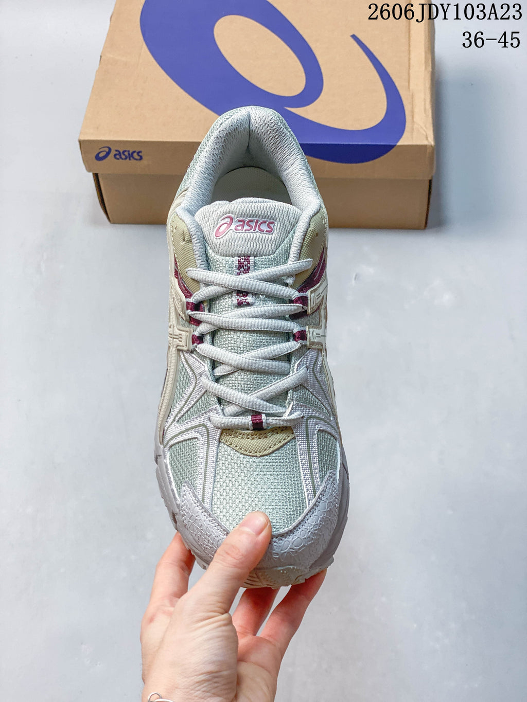 Top-down view of the ASICS Gel-Kahana 8 showing its laces, tongue, and layered upper.