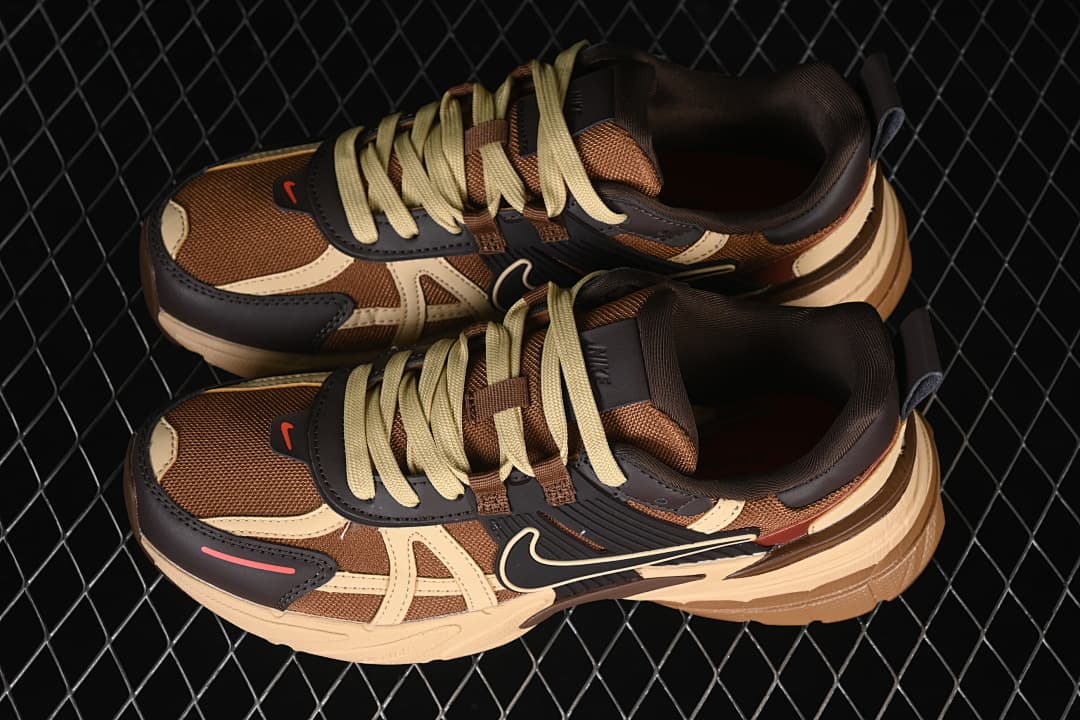Pair of brown and beige Nike V2K Run sneakers viewed from above