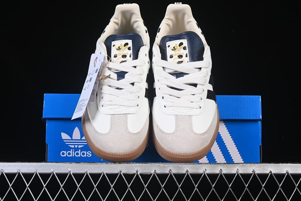Front view of the pair displayed on a blue adidas box.