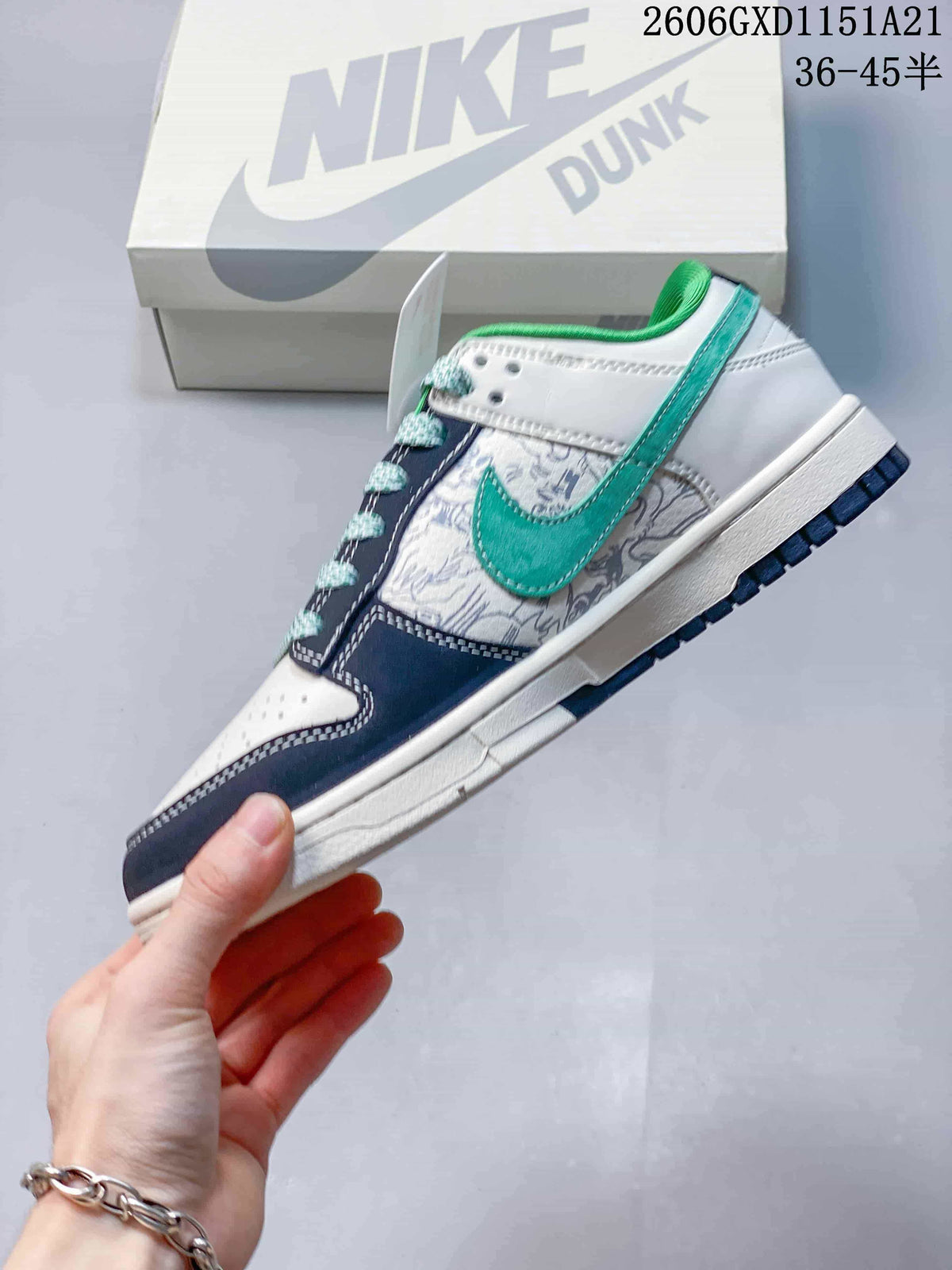Side view showing the green side logo, patterned panel, and navy overlays