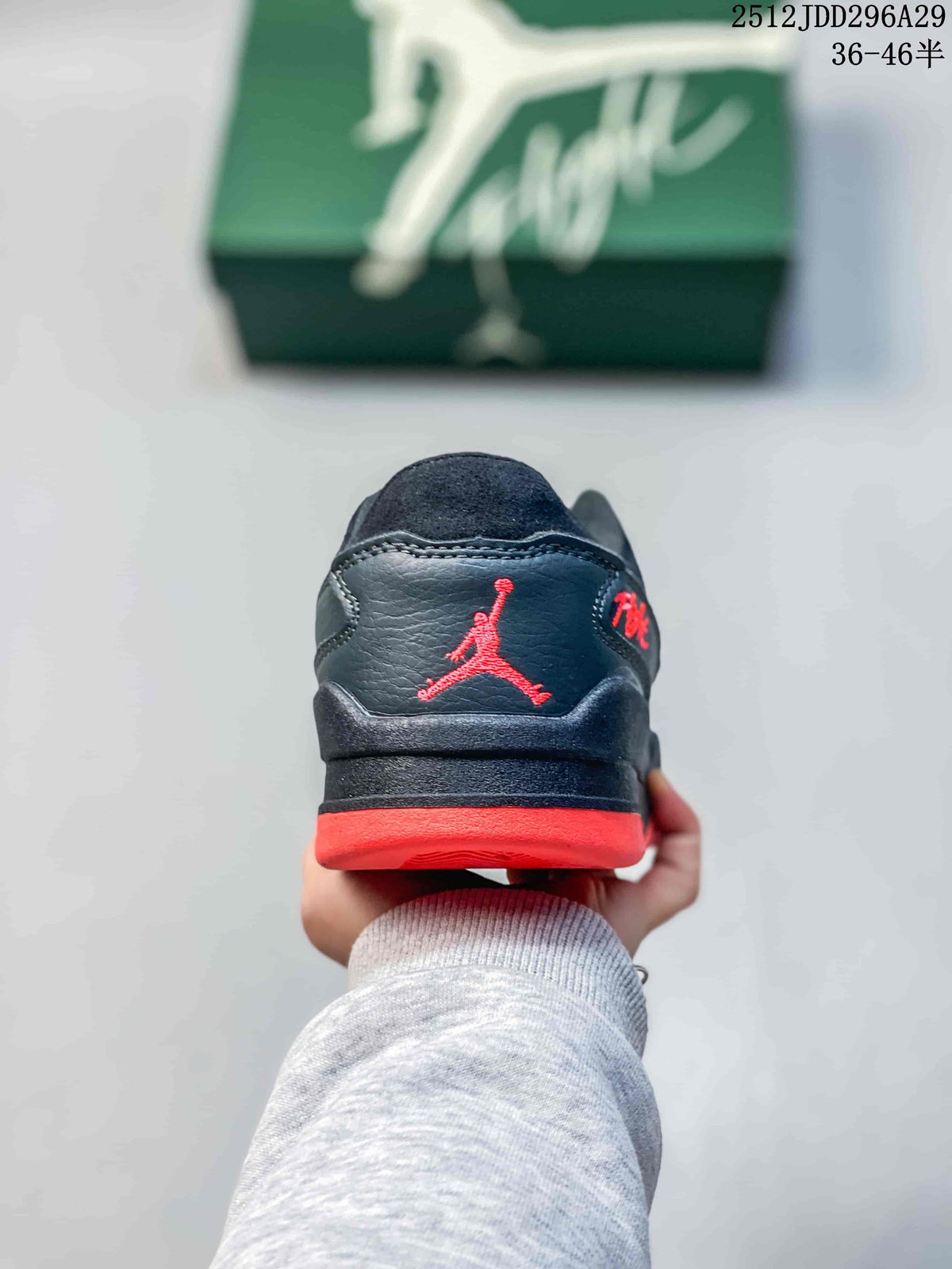 Rear view showing red heel embroidery and contrasting outsole