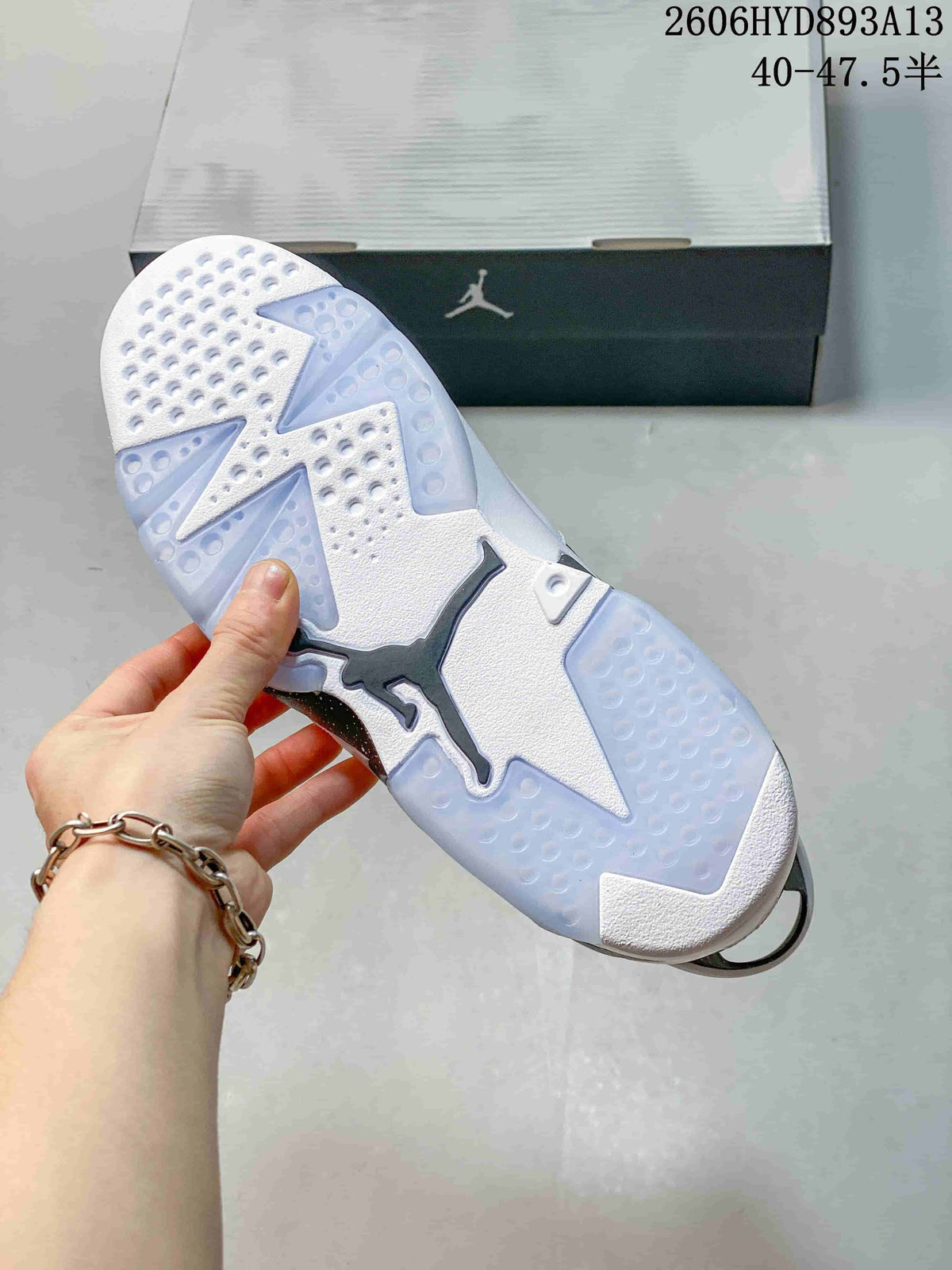 Close-up of the sneaker outsole with textured sections and a central Jumpman-shaped detail