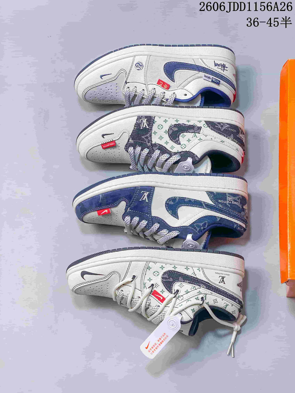 Several white low-top sneaker variations arranged side by side, showing different overlay patterns and colors.