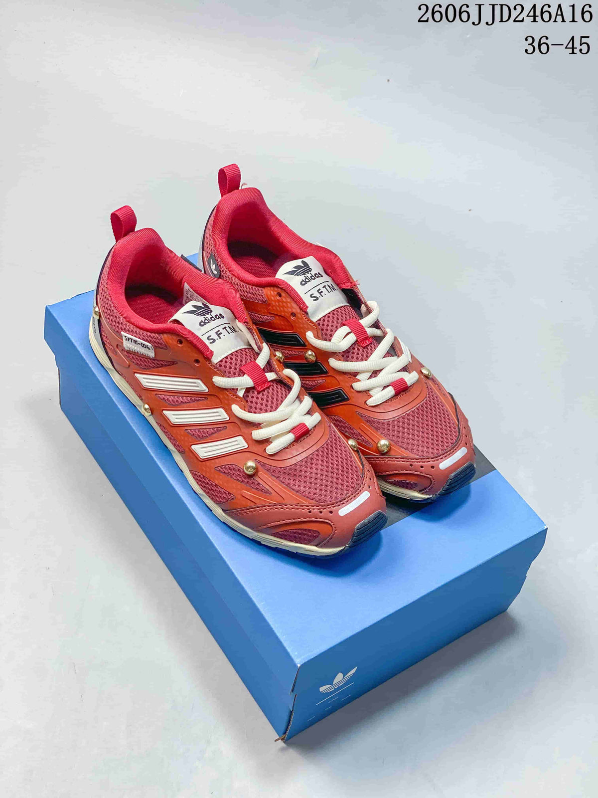 Red and coral Adizero PR SFTM-006 sneakers with cream laces