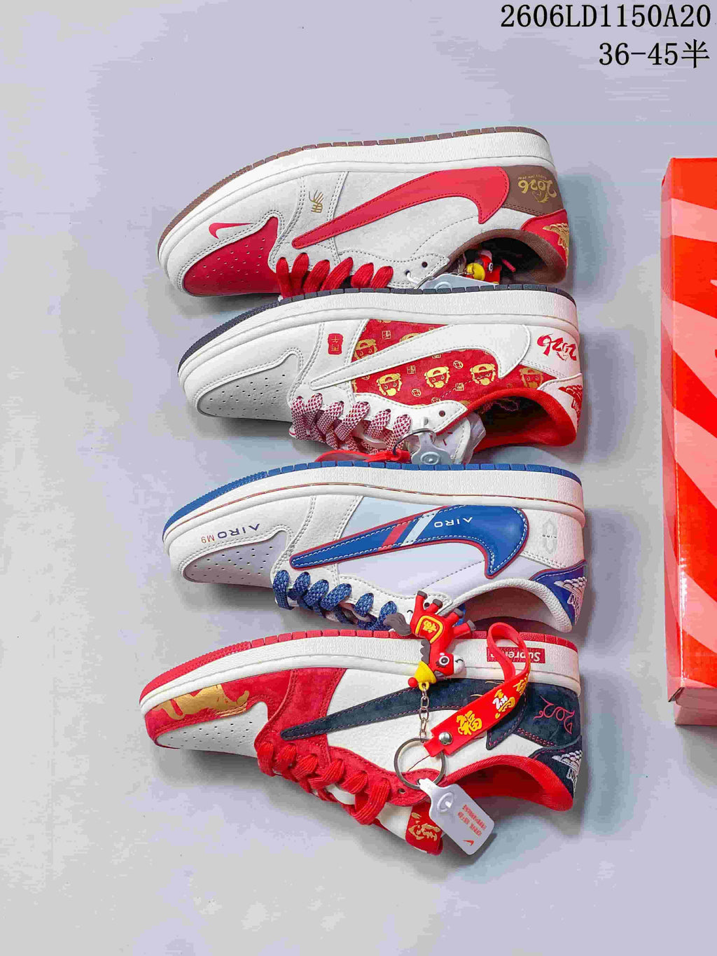 Four pictured sneaker designs arranged side by side, showing different red, blue, white, and gray color combinations.