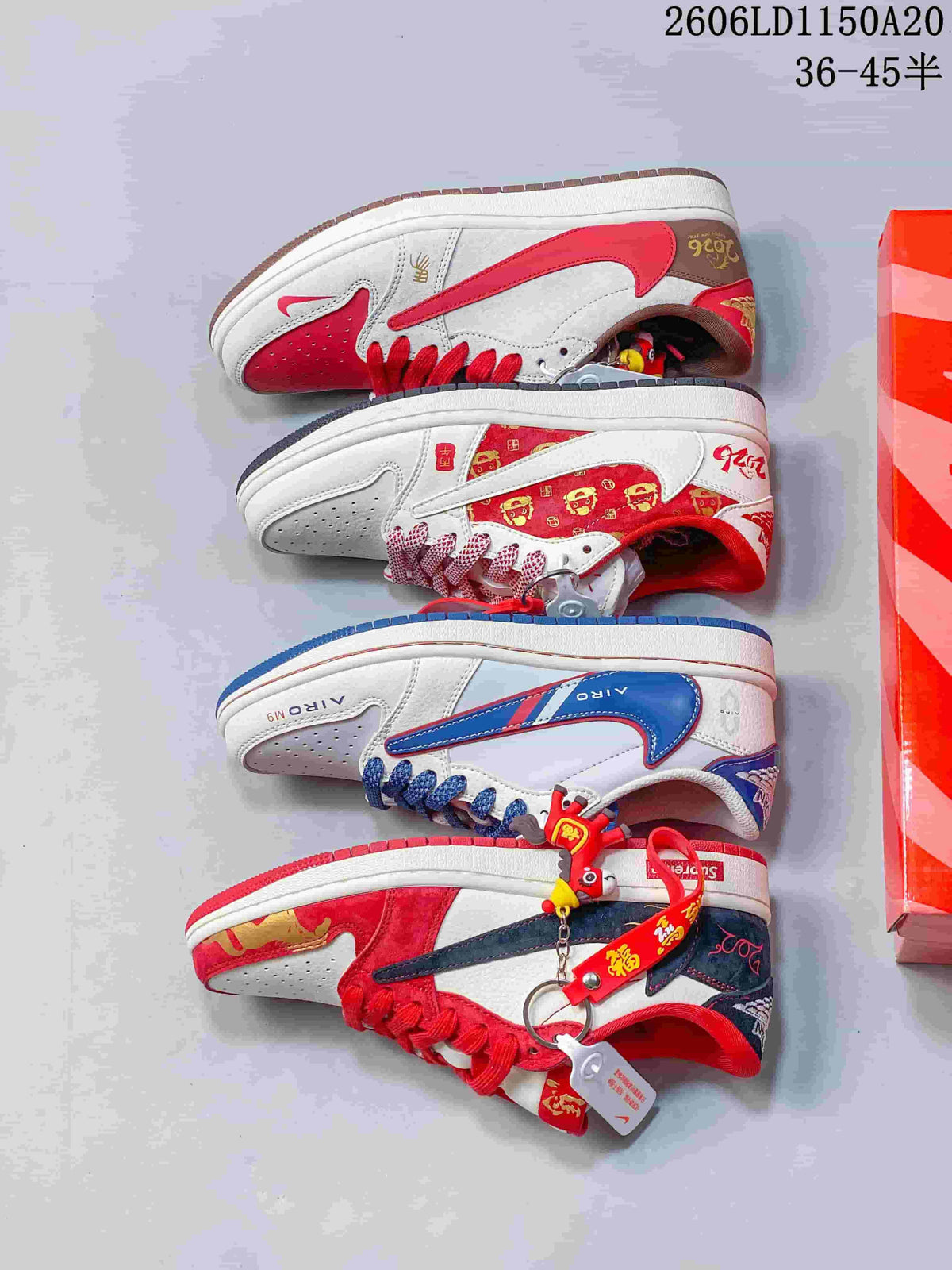 Four pictured sneaker designs arranged side by side, showing different red, blue, white, and gray color combinations.