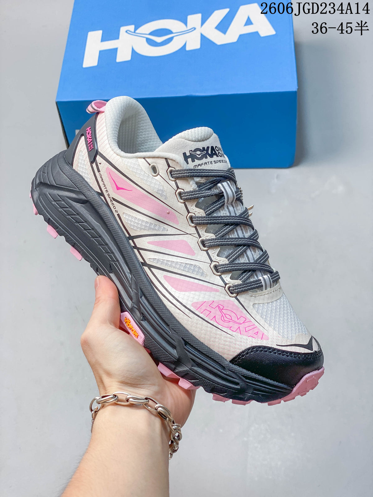Angled side view of the HOKA Mafate Speed 2 Low trail shoe