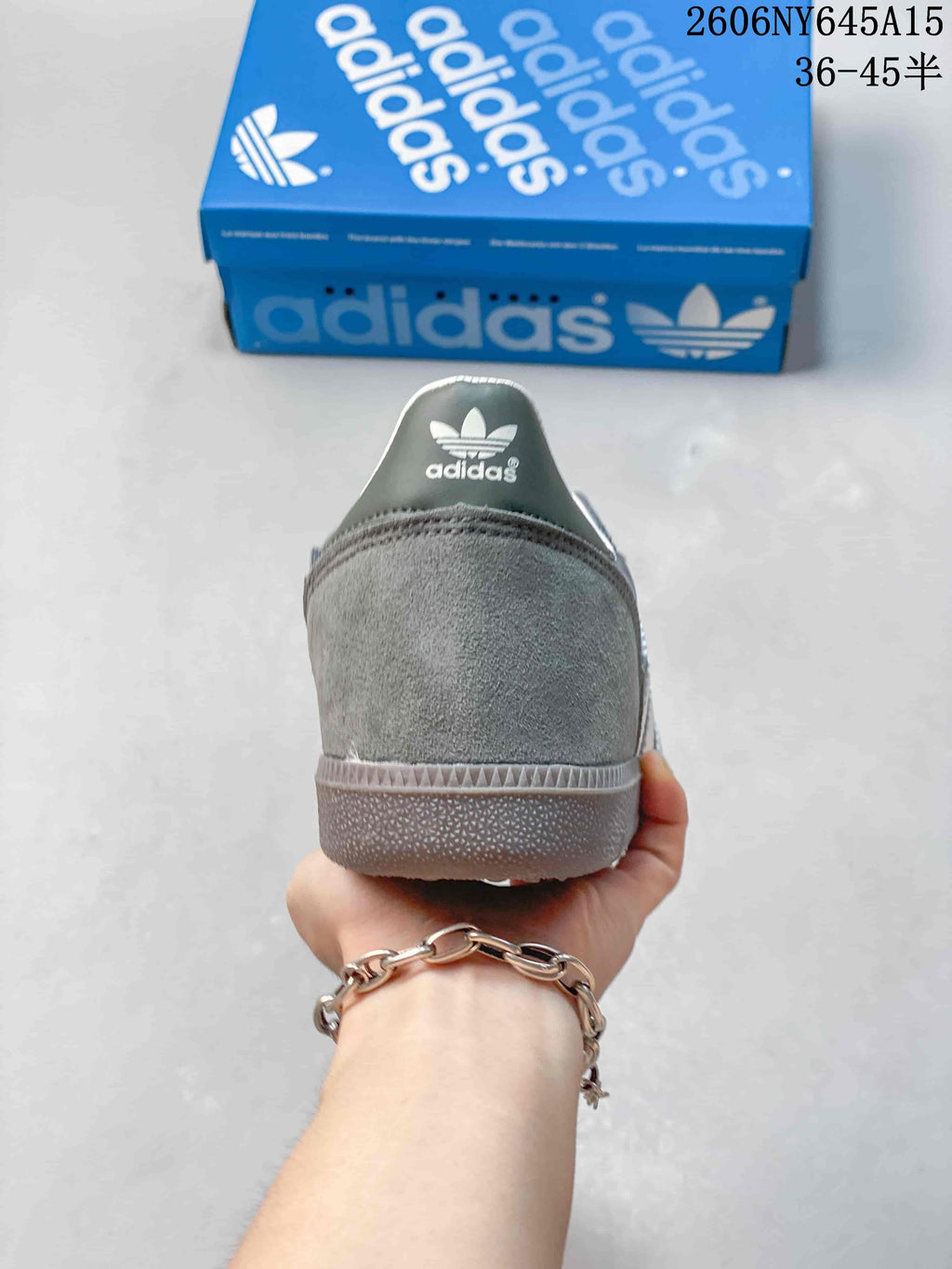 Rear view showing the grey heel and outsole