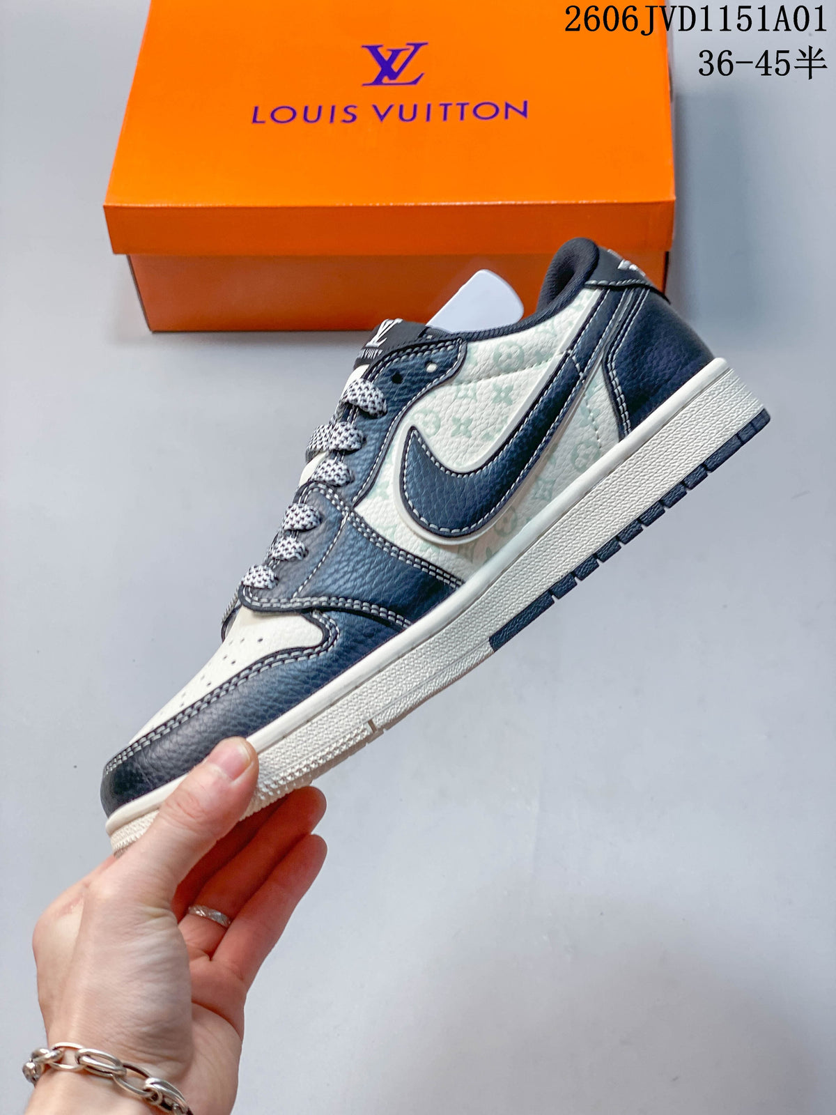 Side view showing patterned panels, navy overlays, and a Swoosh