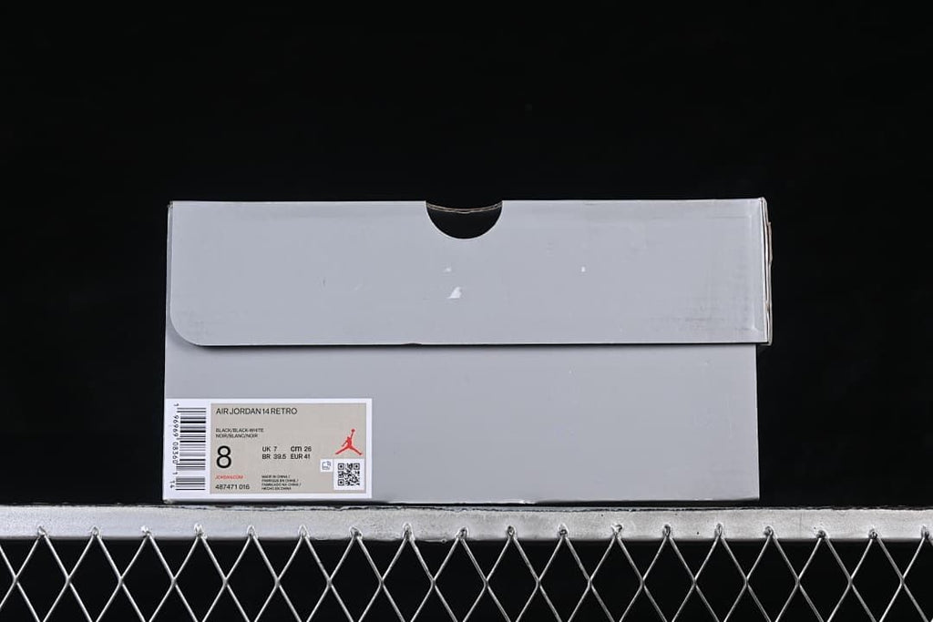Shoebox label identifying Air Jordan 14 Retro in black, black, and white