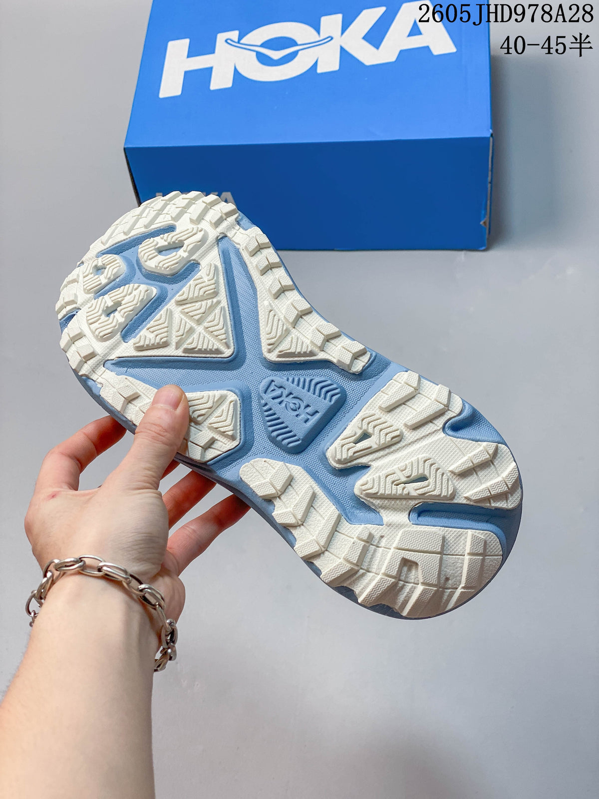 Close-up of the HOKA Stinson 7 shoe outsole showing a patterned lug tread