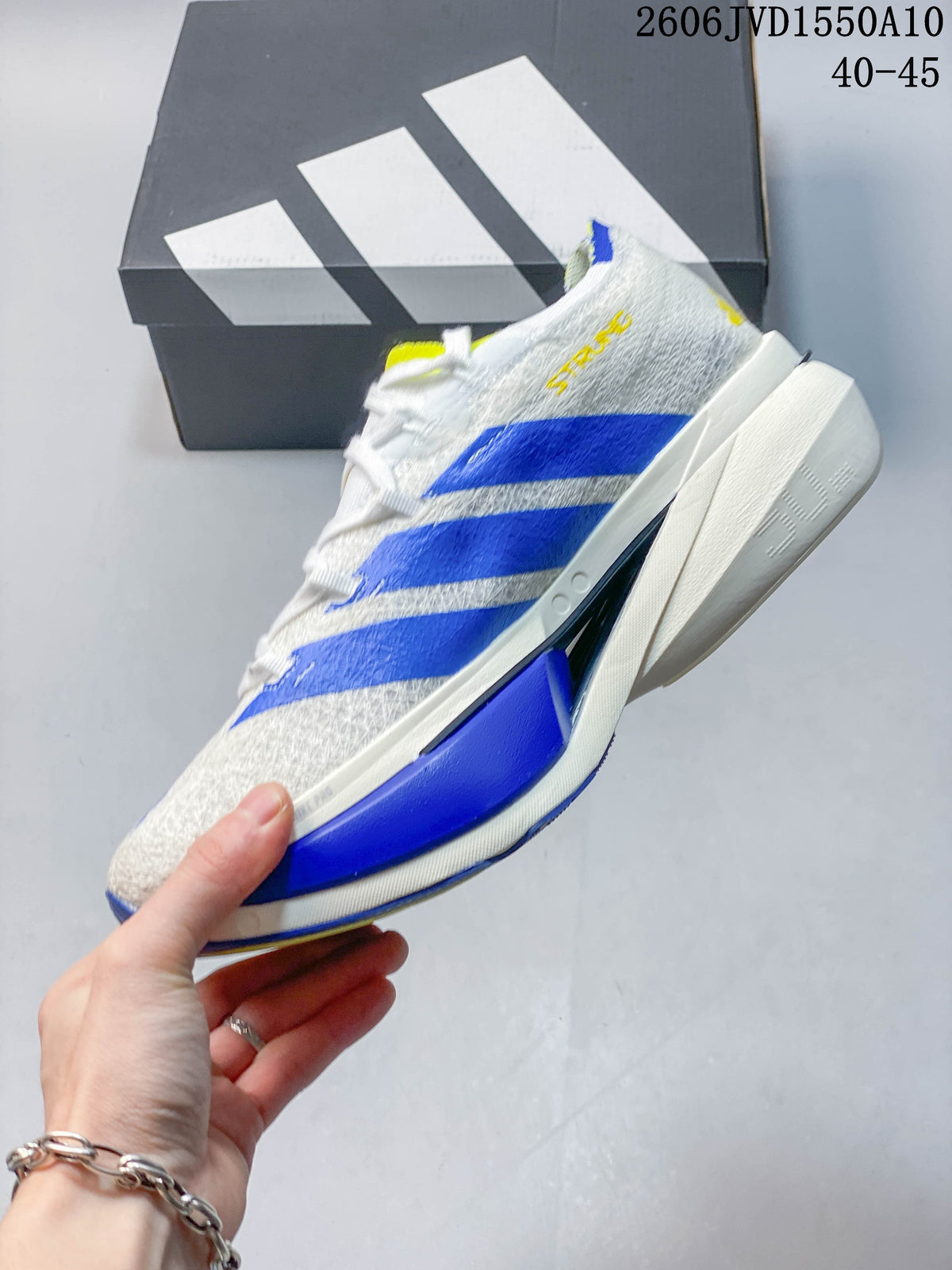 Side view of a white running shoe with blue stripes, yellow model lettering and a sculpted midsole.