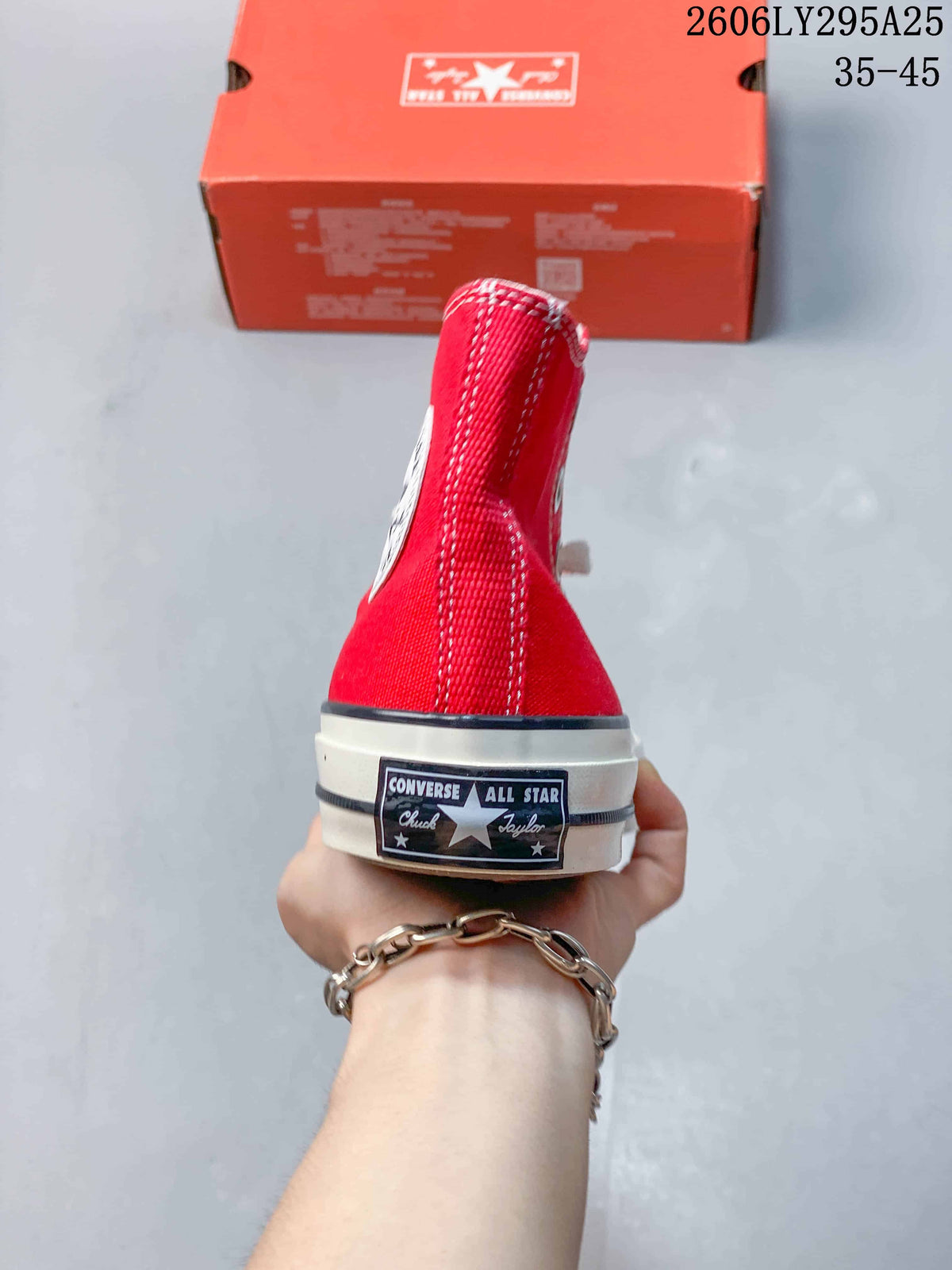Rear view of a red Converse high-top sneaker showing the heel label