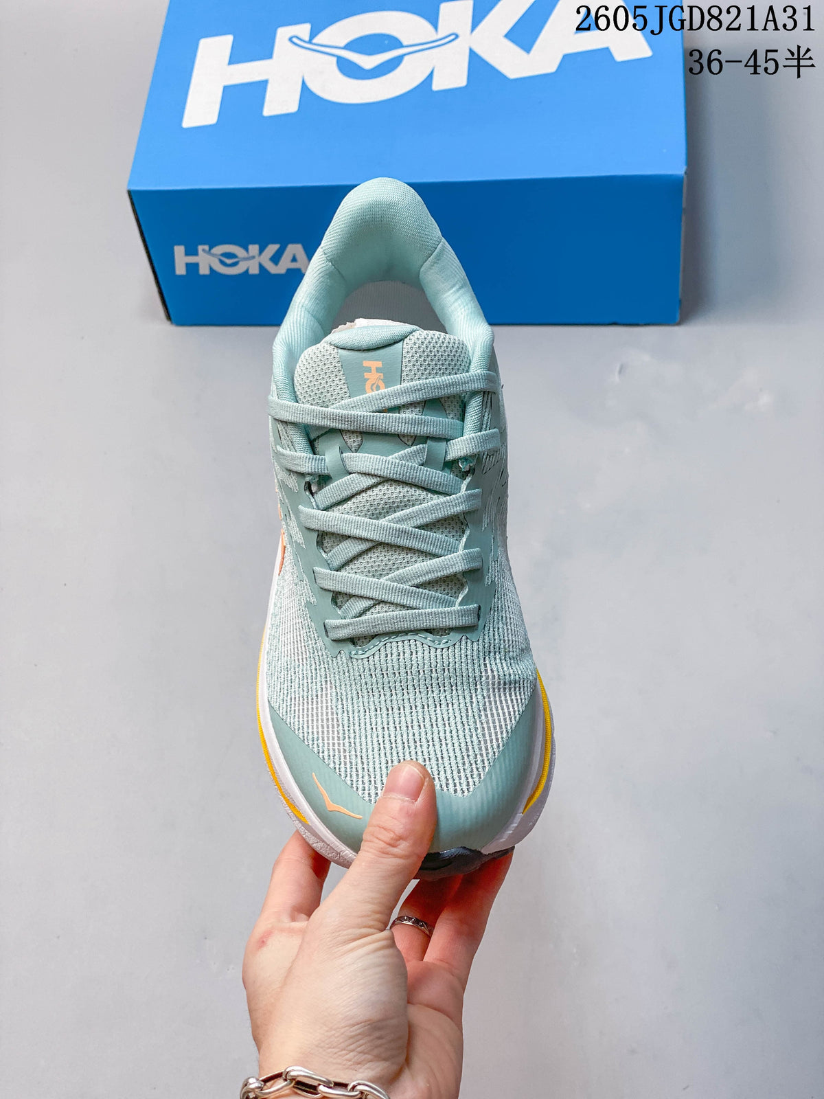 Top view of a light blue lace-up running shoe