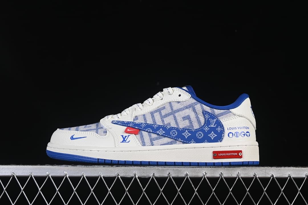 Side view of a white and blue low-top sneaker with a geometric patterned upper and blue outsole.