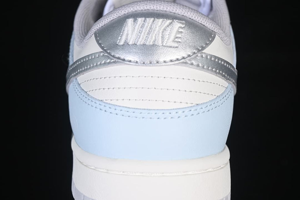 Rear view showing silver heel detail and light blue panels