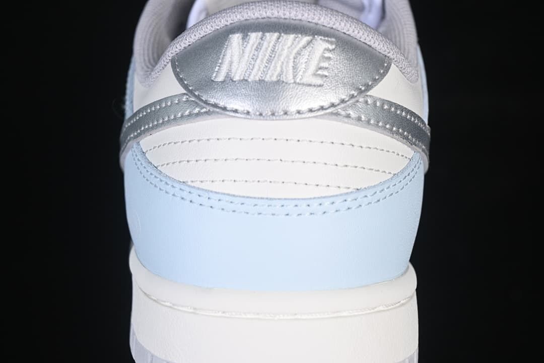 Rear view showing silver heel detail and light blue panels