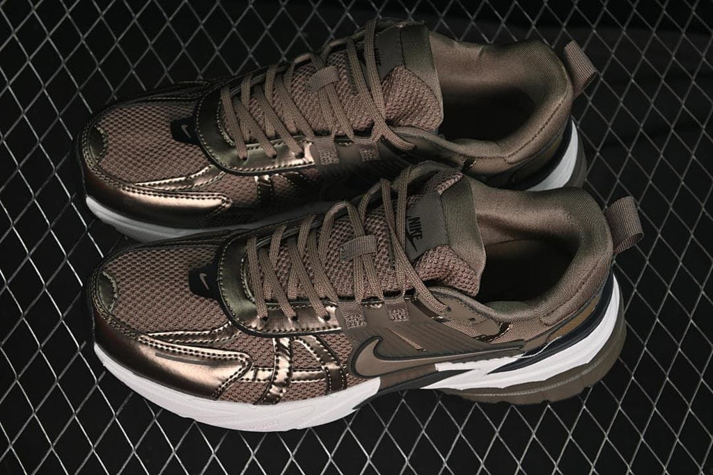 Overhead view of the pair of brown Nike V2K Run sneakers