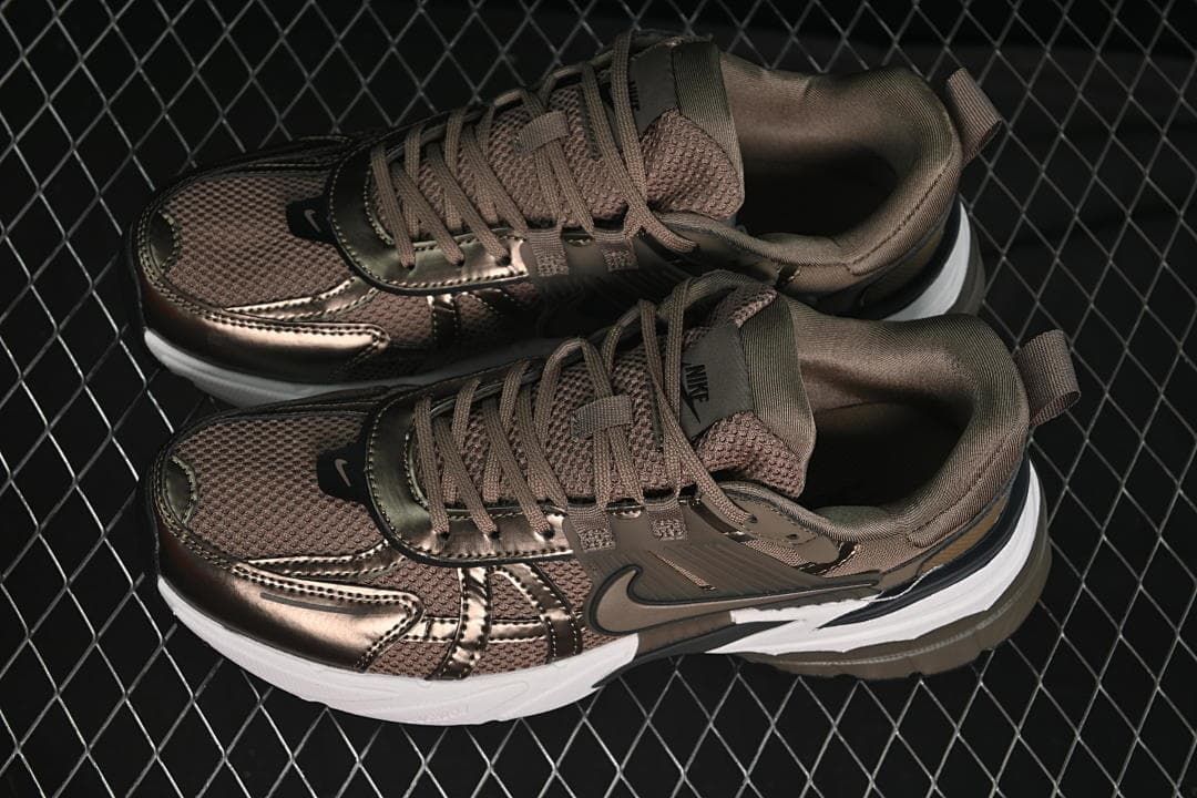 Overhead view of the pair of brown Nike V2K Run sneakers