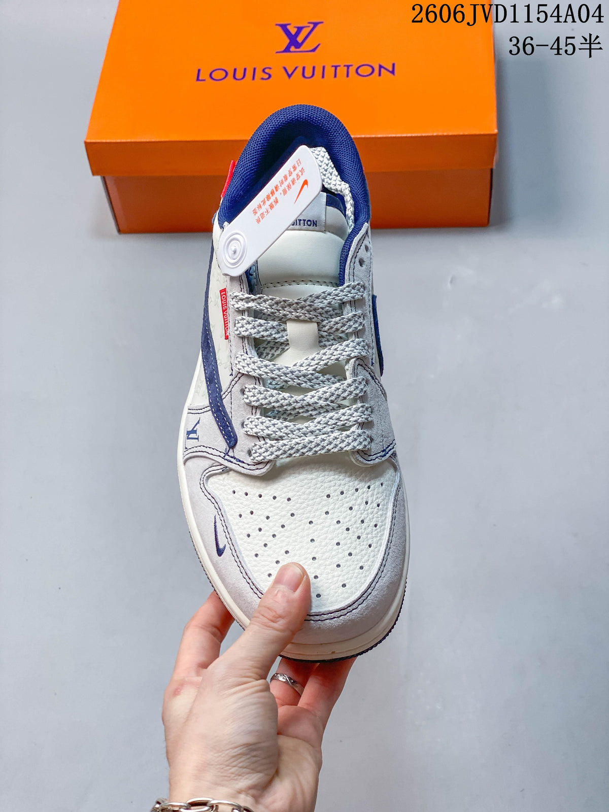Top view showing perforated toe, patterned laces and blue collar.