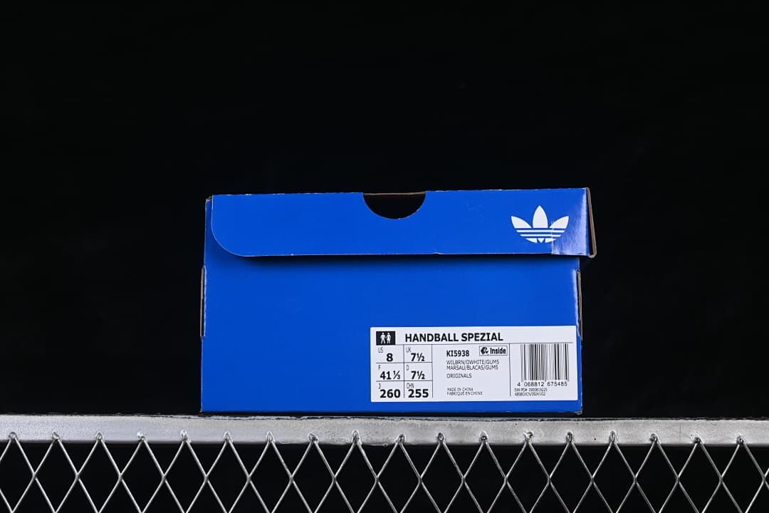 Blue adidas shoe box label showing Handball Spezial and model KI5938