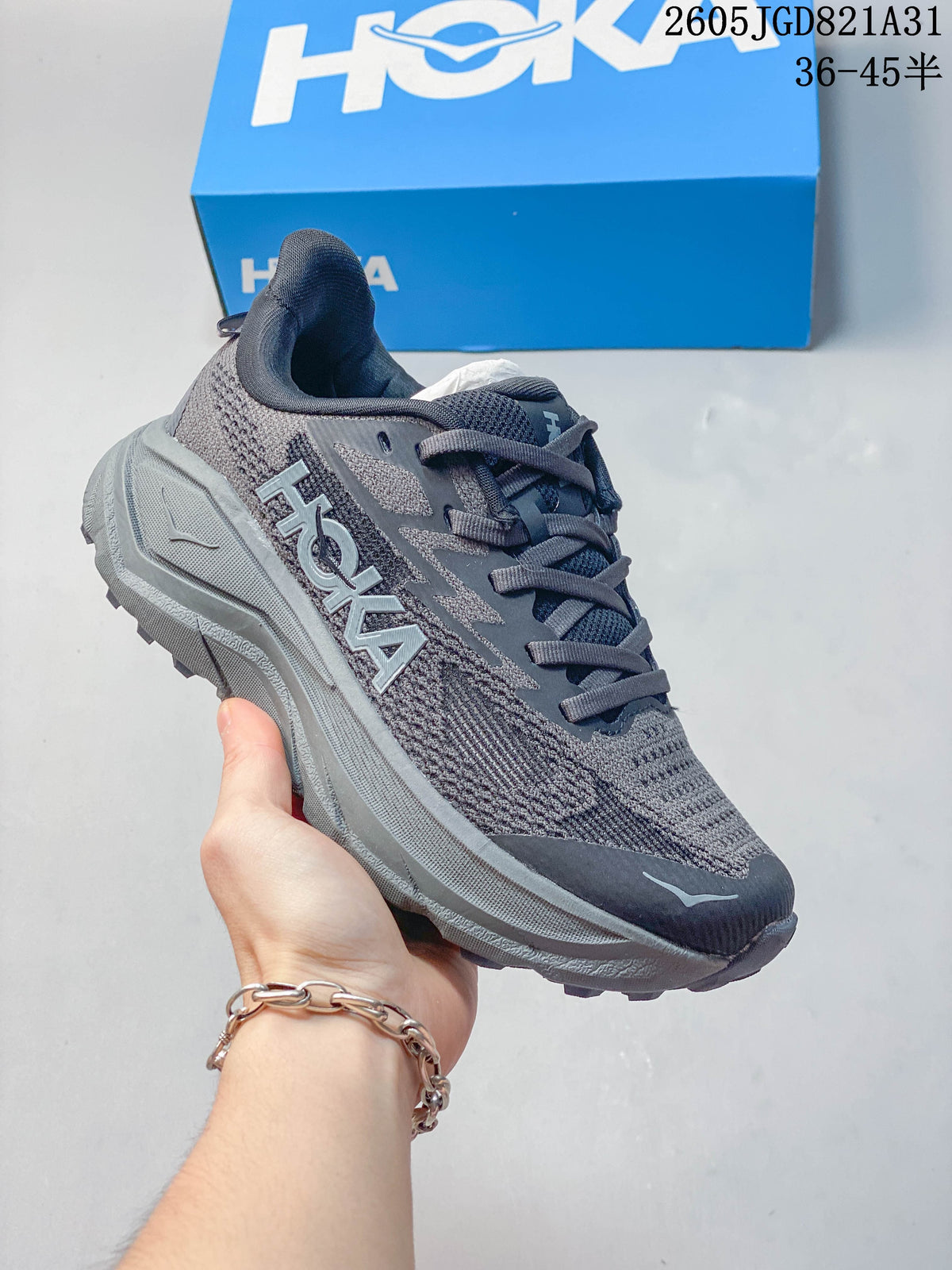Gray HOKA Challenger 8 mesh running shoe with matching gray sole