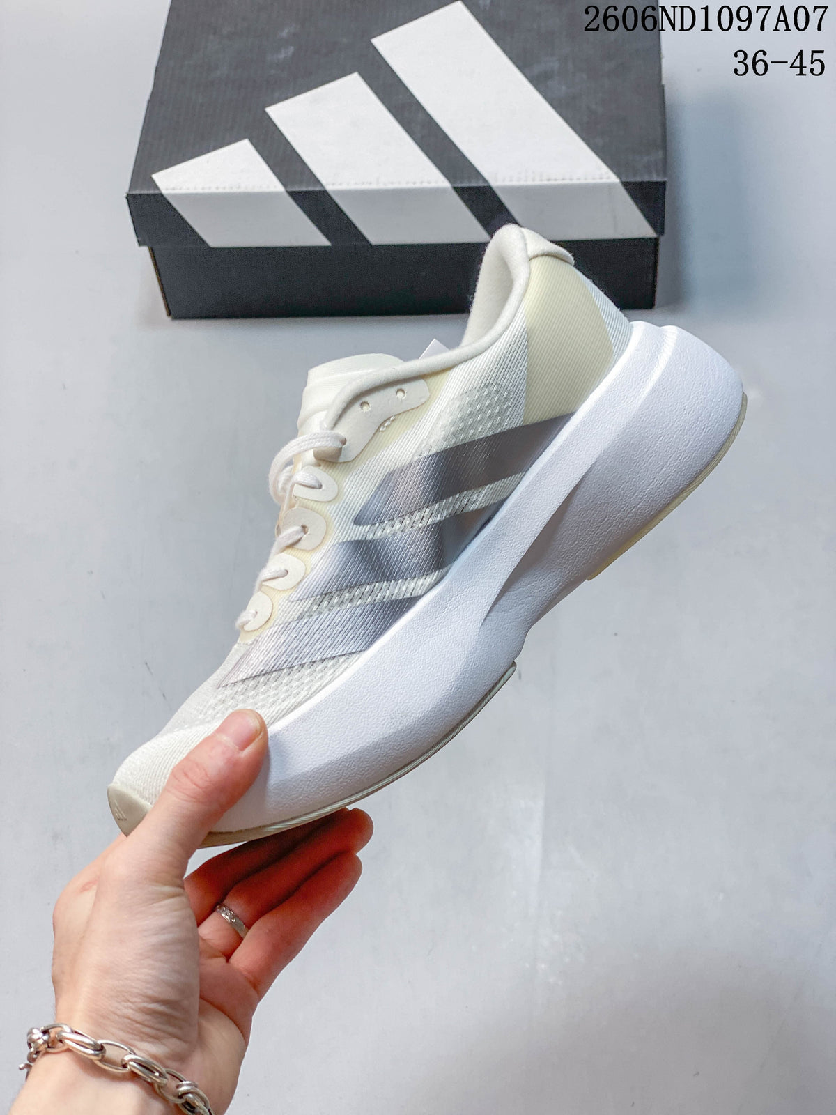 Side profile of the adidas Adizero Evo SL with silver stripes and a sculpted white midsole.
