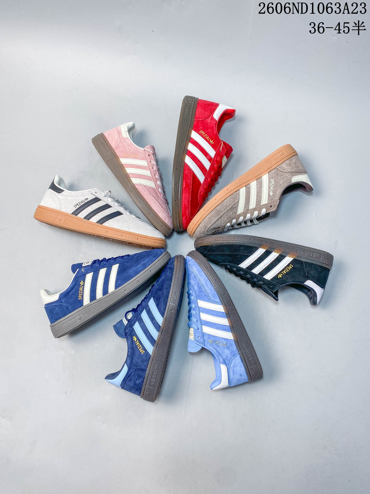 Several Adidas Spezial low-top sneakers arranged in a circle to show different colorways.