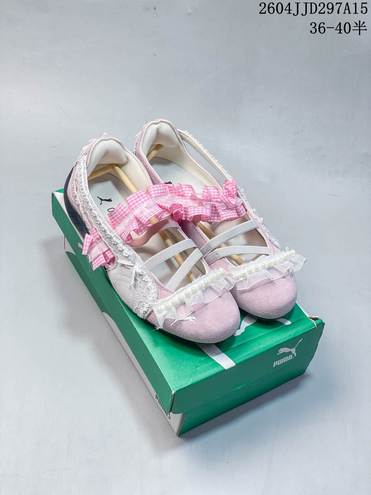 Pale pink and white sneakers with gingham ruffles and pearl-like trim