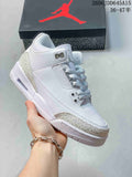 White low-top Jordan sneaker with pale gray patterned overlays and a Jordan shoebox in the background.