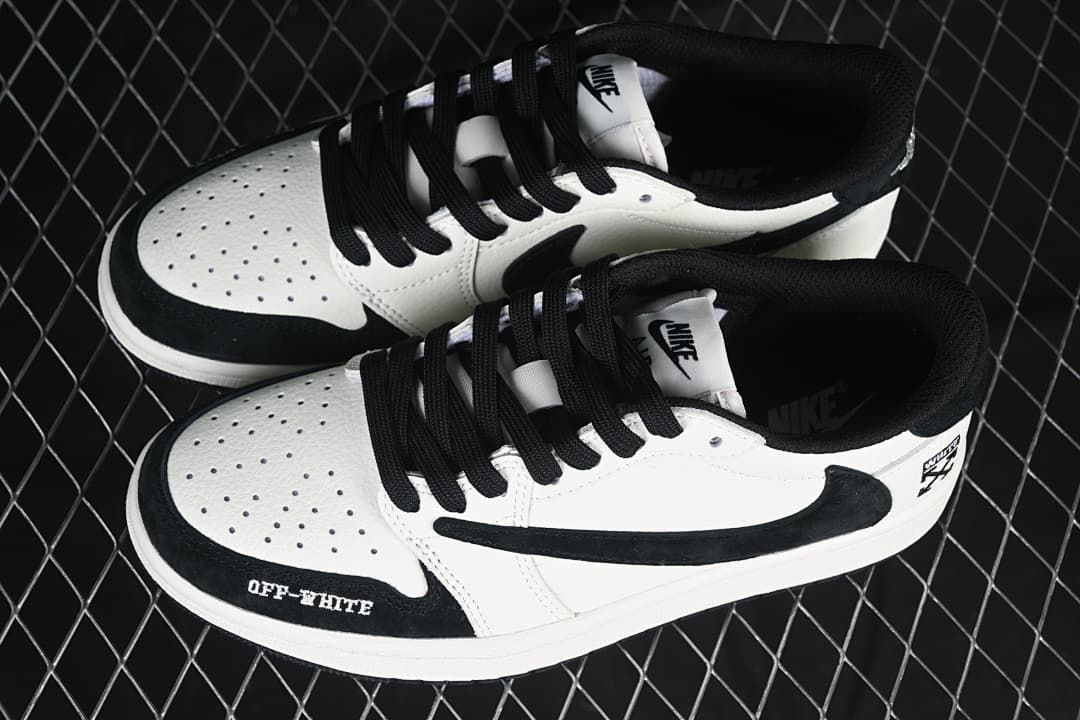 Pair of black-and-white low-top sneakers shown from above at an angle.