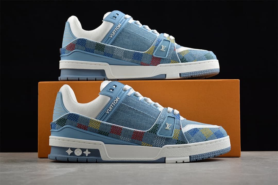 Two views of the blue and white sneaker displayed on a box.