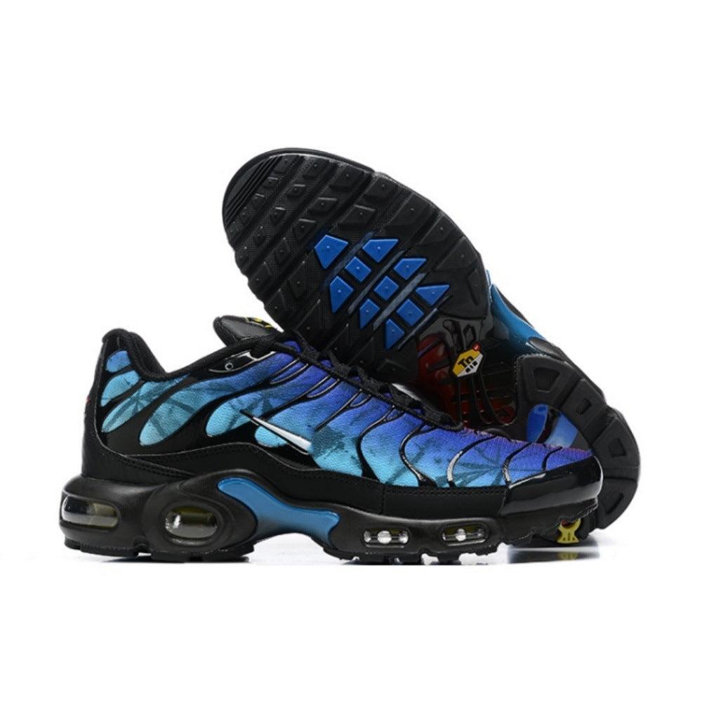 Blue and black Nike Air Max Plus-style sneakers with a patterned upper and blue outsole accents.