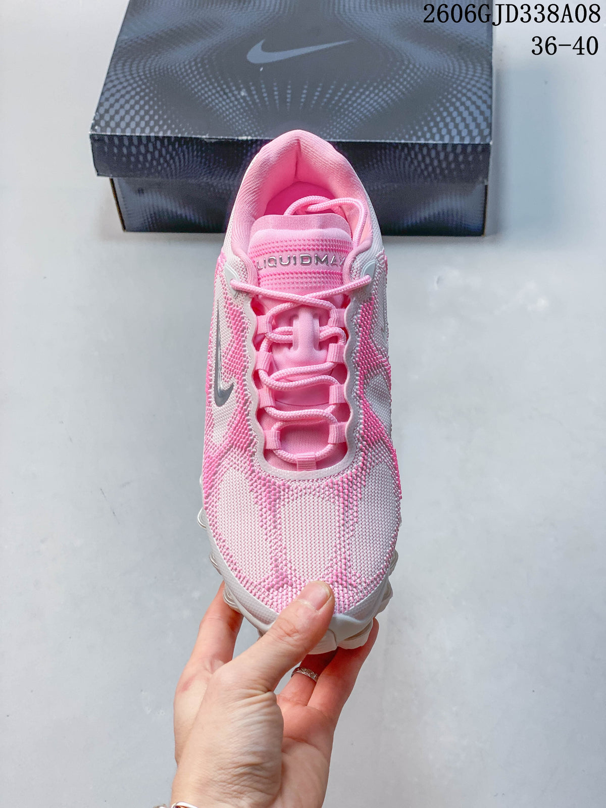 Top view showing the patterned upper, laces, and tongue.